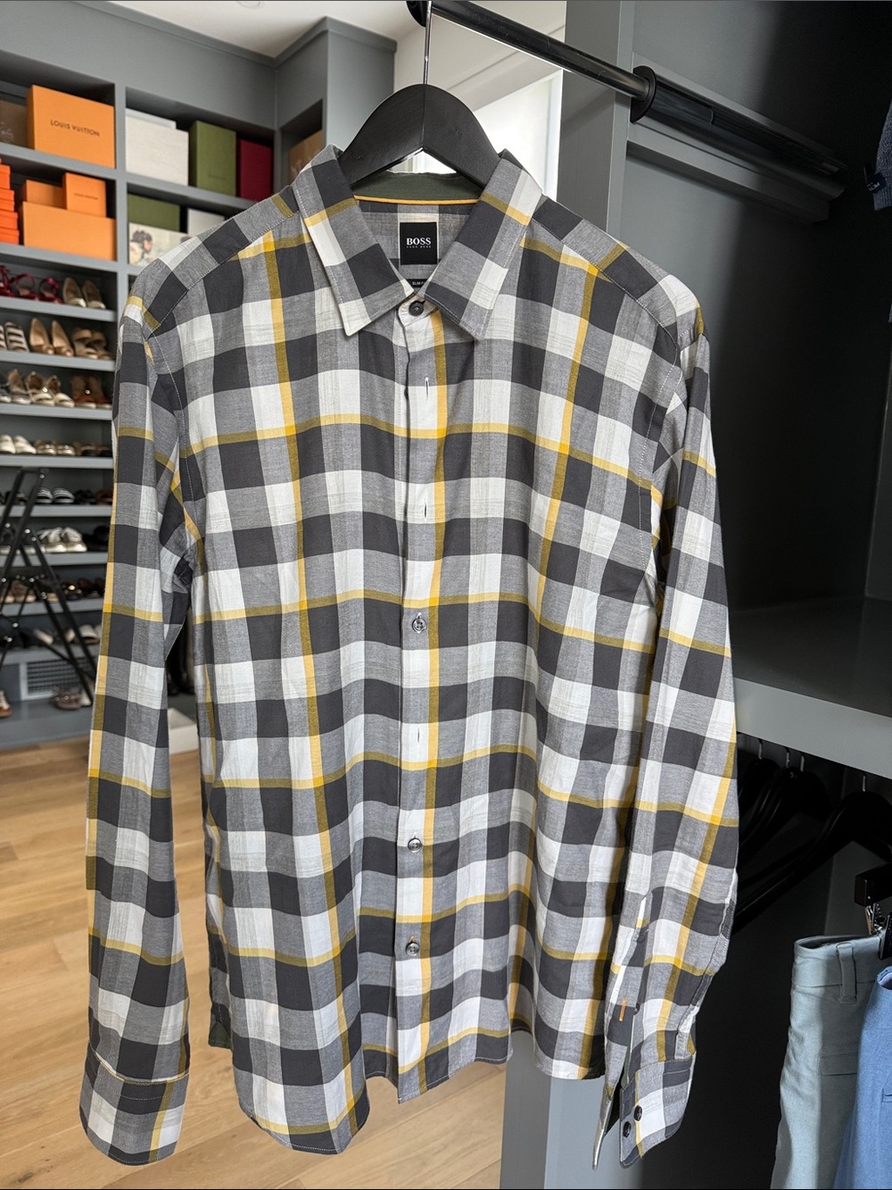 Hugo Boss Slim Fit Gray, White & Yellow Plaid Button-Down Shirt